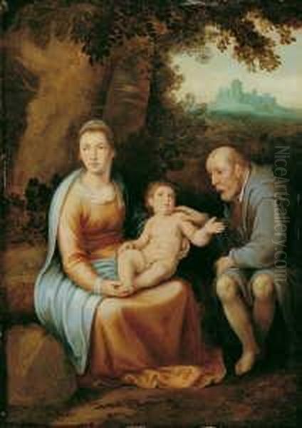 Die Heilige Familie. Im Hintergrund Bewaldete Landschaft. Oil Painting by Cornelis Van Poelenburch