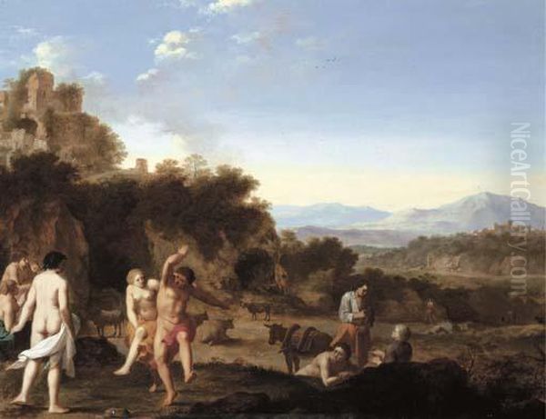 Figures Dancing Before Ruins In A Mediterranean Landscape Oil Painting by Cornelis Van Poelenburch