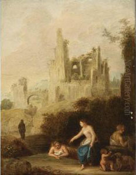 An Allegorical Ruin Landscape Oil Painting by Cornelis Van Poelenburch