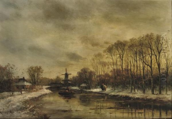 Dusk Along The River In Winter Oil Painting by Albert Jurardus van Prooijen