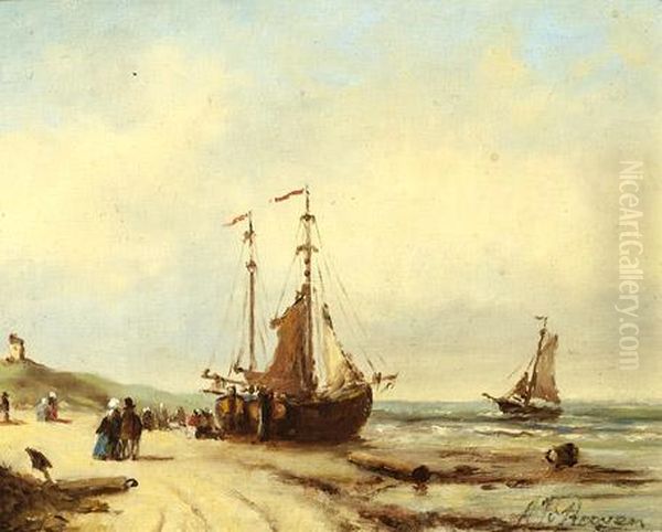 Boat On The Beach Oil Painting by Albert Jurardus van Prooijen