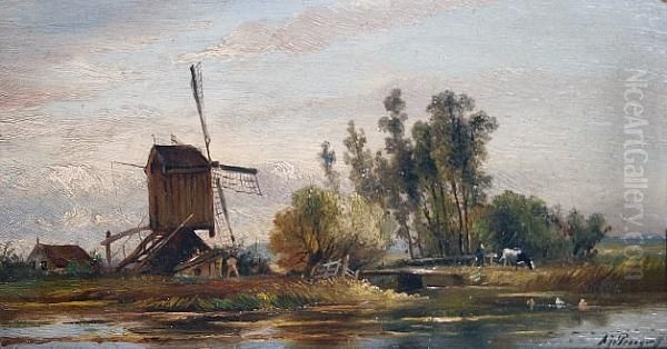 Windmill In A River Landscape Oil Painting by Albert Jurardus van Prooijen