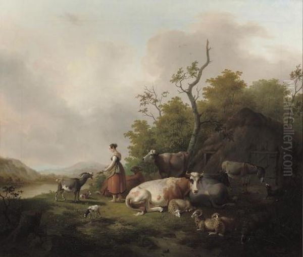 Watering Cows Oil Painting by Albert Jurardus van Prooijen