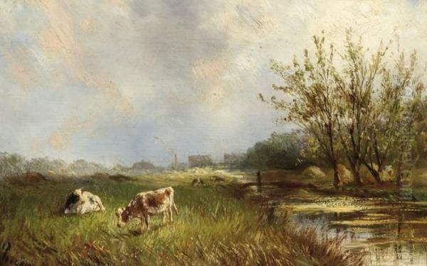 Two Cows In A Field By A Ditch Oil Painting by Albert Jurardus van Prooijen