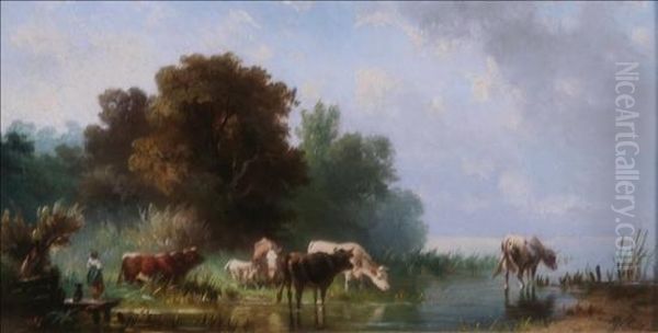 Cattle Watering Oil Painting by Albert Jurardus van Prooijen