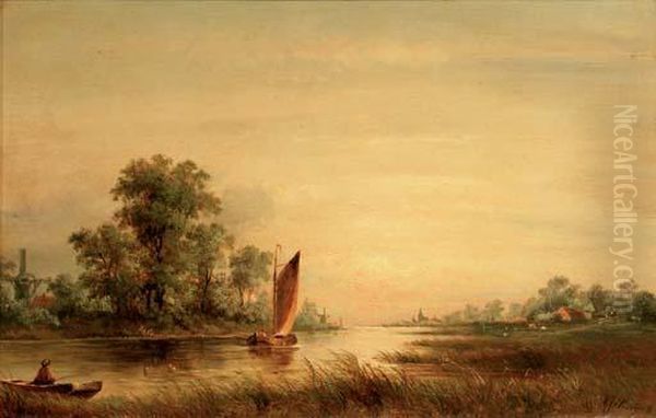 On A River At Sunset Oil Painting by Albert Jurardus van Prooijen