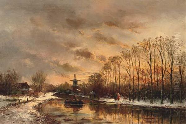 Dusk Along The River In Winter Oil Painting by Albert Jurardus van Prooijen