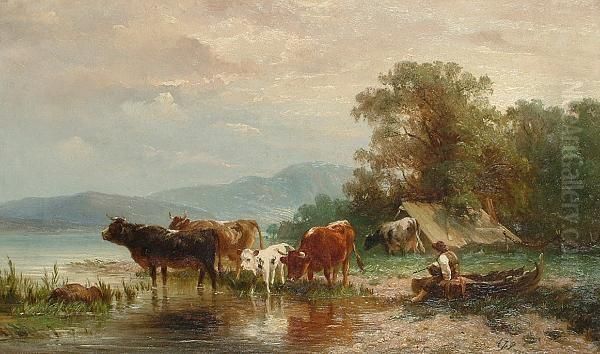 Cattle By The Waterside. Oil Painting by Albert Jurardus van Prooijen