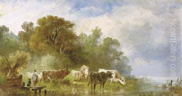 Cattle By The Waterside Oil Painting by Albert Jurardus van Prooijen