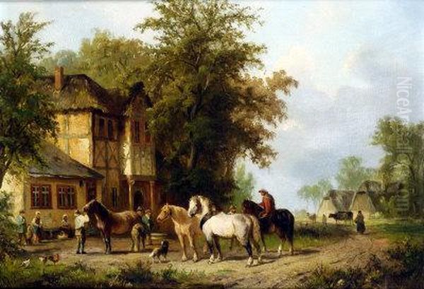 End Of The Day, With Work Horses, Farm Workers, Chicken And Sheep Dog Oil Painting by Albert Jurardus van Prooijen