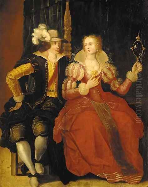 An elegant couple courting in a bedroom Oil Painting by Frans II Francken