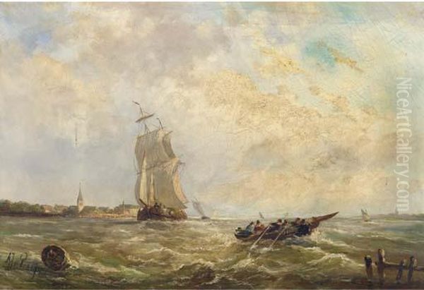 Sailing Activities In A River Estuary Oil Painting by Albert Jurardus van Prooijen