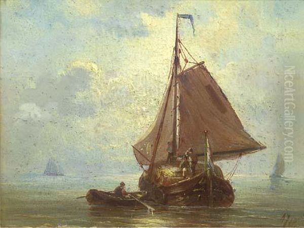 A Haybarge In A Calm Oil Painting by Albert Jurardus van Prooijen