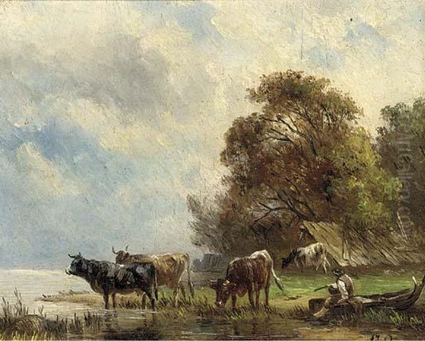 Cattle Watering At A Riverbank, A Drover Looking On Oil Painting by Albert Jurardus van Prooijen