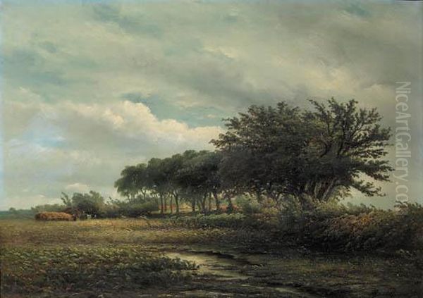 Peasants Harvesting In A Summer Landscape Oil Painting by Albert Jurardus van Prooijen