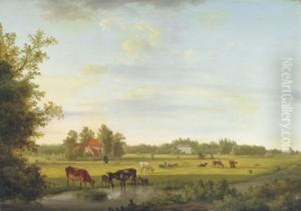 Animals In The Pasture With A Mansion Beyond Oil Painting by Jan Van Ravenswaay