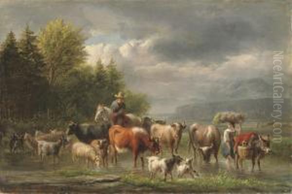 Cattle In A Stream Oil Painting by Jan Van Ravenswaay