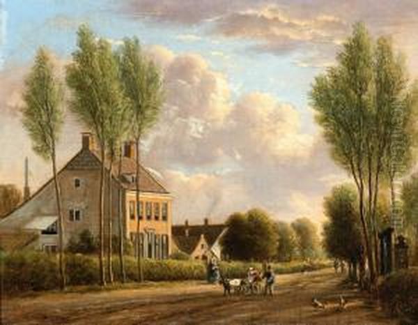 Village Street Oil Painting by Jan Van Ravenswaay