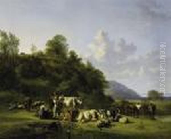 In A Vast Field Valley. Two 
Farmerfolk Milking The Cows. With Monogram Lower Left: J.v.r. Fecit Oil Painting by Jan Van Ravenswaay