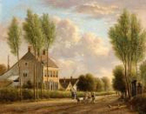 A Village Street Oil Painting by Jan Van Ravenswaay