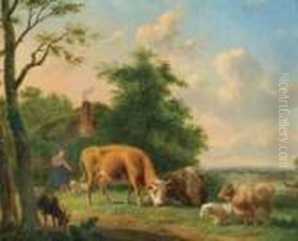 Cattle, Sheep And Goats With Girl In Landscape Oil Painting by Jan Van Ravenswaay