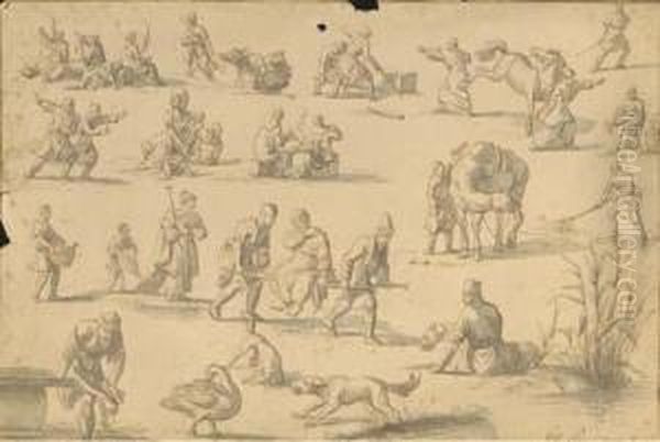 Studies Of Orientals Spinning Wool Oil Painting by Jan Van Ravenswaay