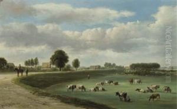 A Panoramic View Of A River Landscape With Cows In The Forelands Oil Painting by Jan Van Ravenswaay