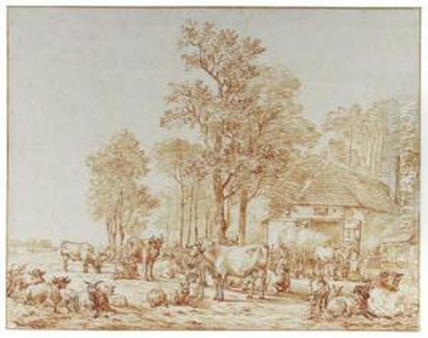 Cattle In A Meadow Near A Farm Oil Painting by Jan Van Ravenswaay