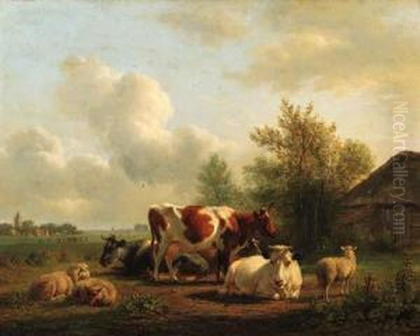 A Landscape With Cattle Resting Near A Barn Oil Painting by Jan Van Ravenswaay