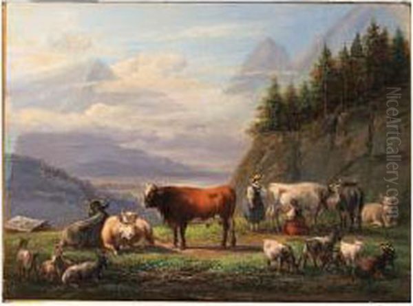 Cattle In An Alpine Landscape Oil Painting by Jan Van Ravenswaay