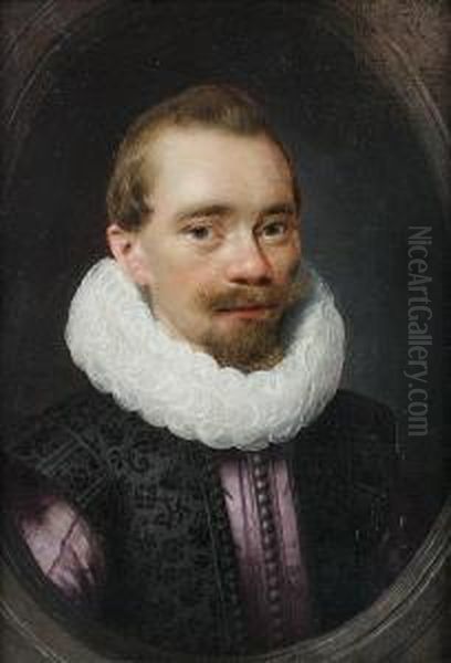 Portrait Of A Gentleman, 
Bust-length, In Apurple Coat, A Black Brocade Waistcoat And A White 
Ruff, Within Apainted Stone Oval Oil Painting by Jan Anthonisz Van Ravesteyn