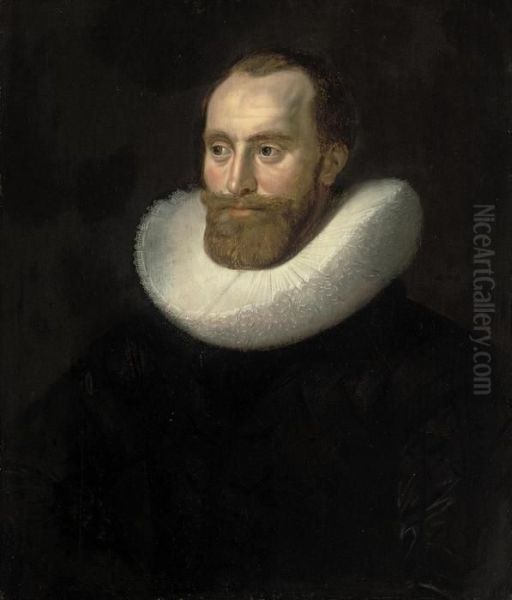 Portrait Of A Gentleman, 
Traditionally Identified As Hendrick De Bicker Jacoby (c.1618-1651), 
Half-length, In A Black Doublet Oil Painting by Jan Anthonisz Van Ravesteyn