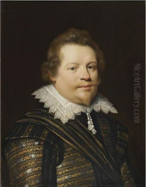 Portrait Of A Gentleman Wearing A Black And Gold Embroidereddoublet And A White Ruff Oil Painting by Jan Anthonisz Van Ravesteyn