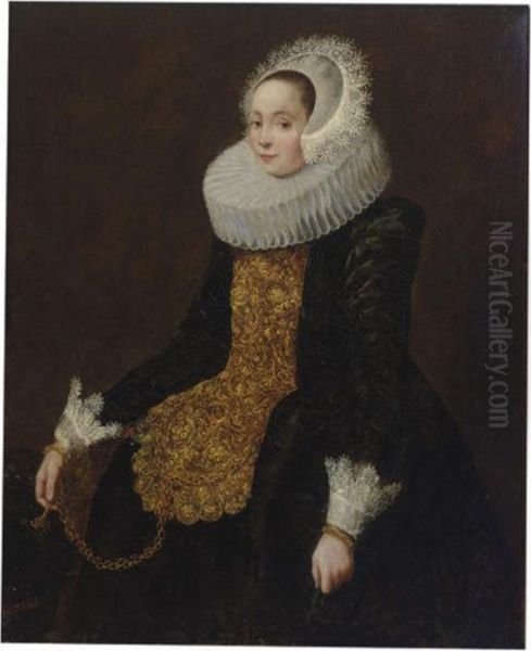 Portrait Of A Lady Wearing A Black And Gold Embroidered Dress Oil Painting by Jan Anthonisz Van Ravesteyn