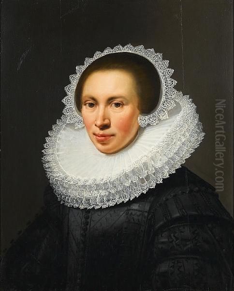 Portrait Of A Lady, Bust-length,
 In An Embroidered Black Silk Dress, A Lace Ruff And A Lace Cap Oil Painting by Jan Anthonisz Van Ravesteyn