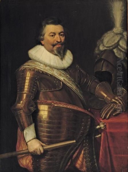 Portrait Of An Officer, Three-quarter-length, In Armour With A White Sash And Oil Painting by Jan Anthonisz Van Ravesteyn