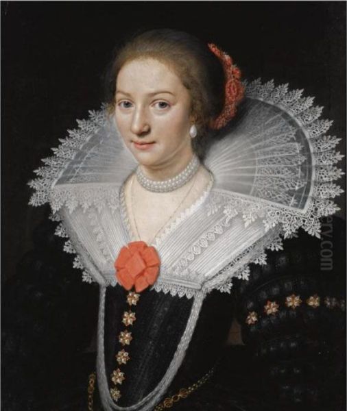 A Portrait Of A Lady, Half 
Length, Wearing A Black Dress With A White Lace Collar And Pearl 
Jewellery Oil Painting by Jan Anthonisz Van Ravesteyn