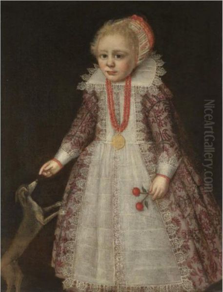 Portrait Of A Young Child, Full 
Length, Wearing A Pink Embroidered Dress, A Coral Necklace And Holding 
Two Cherries While Pointing To A Dog Oil Painting by Jan Anthonisz Van Ravesteyn