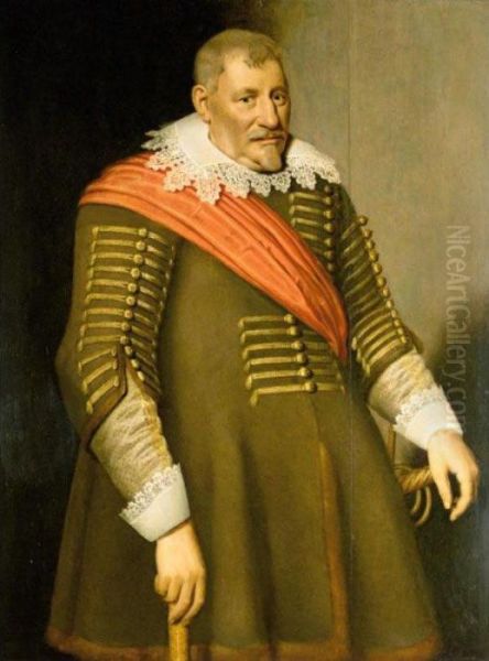 Portrait Of A Gentleman, Three-quarter Length, Wearing A Red Sash Oil Painting by Jan Anthonisz Van Ravesteyn