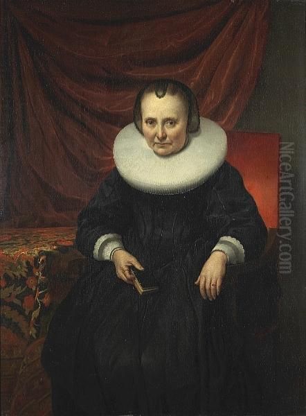 A Portrait Of A Lady, Seated, In A Black Dress And A White Lace Collar Holding A Book Oil Painting by Jan Anthonisz Van Ravesteyn