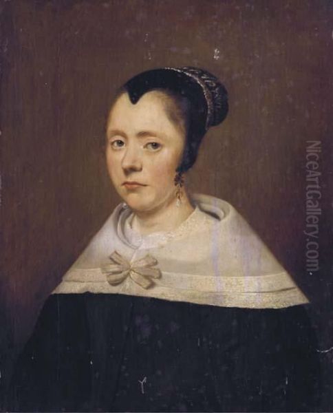 Portrait Of A Lady, Bust-length, In A Black Dress, A White Collarand A Black Bonnet Oil Painting by Jan Anthonisz Van Ravesteyn