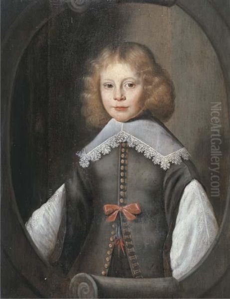 Portrait Of A Boy, Half-length, 
In A Grey Jerkin And A White Shirt,in A Feigned Scrolled Oval Oil Painting by Jan Anthonisz Van Ravesteyn