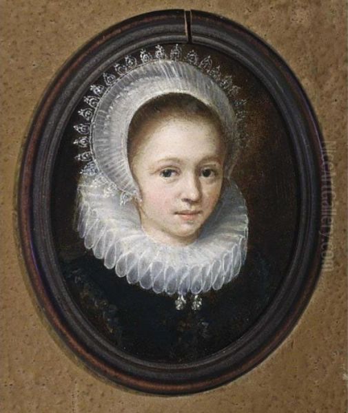 A Portrait Of A Young Girl, Head
 And Shoulders, Wearing A Black Dress With A White Lace Collar And An 
Elaborate Lace Headdress Oil Painting by Jan Anthonisz Van Ravesteyn