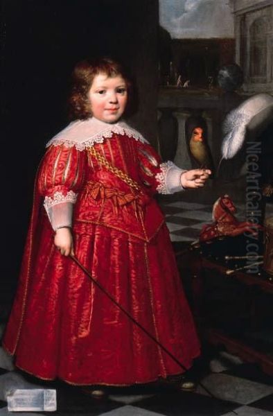 Portrait Of Joannes Ruyter, Aged
 Five, Full-length, In A Redcostume, Holding A Red-cheeked Parrot, With A
 Hobby Horse And Drumand Chair, A Garden Beyond Oil Painting by Jan Anthonisz Van Ravesteyn