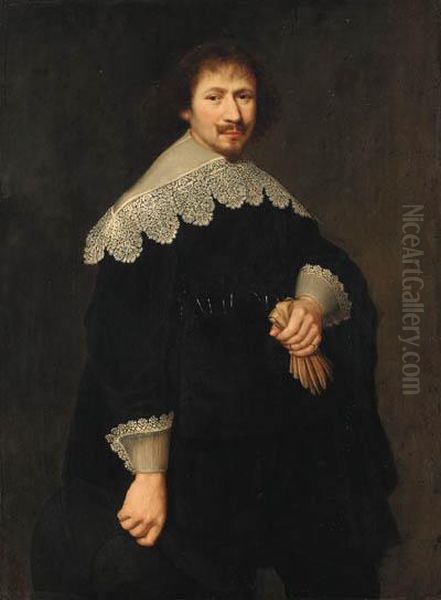 Portrait Of A Gentleman, Aged 34, Three-quarter-length, In Blackcostume Oil Painting by Jan Anthonisz Van Ravesteyn