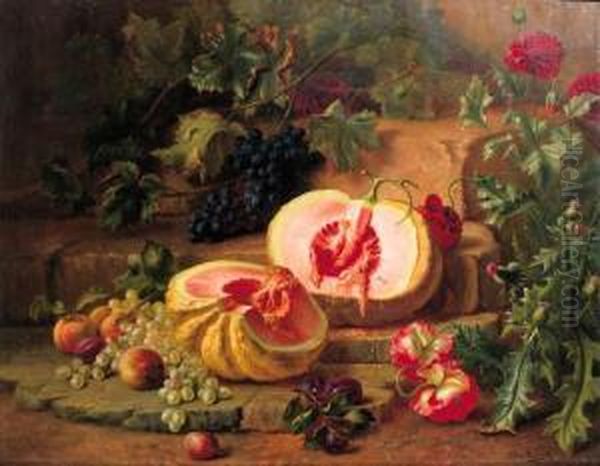 A Still Life With Peaches, Melons And Grapes Oil Painting by Edward Van Rijswijck