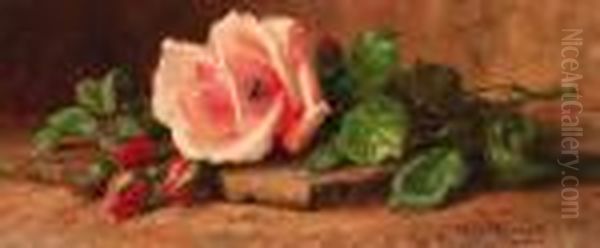 Freshly Cut Roses On A Mossy Tile Oil Painting by Edward Van Rijswijck