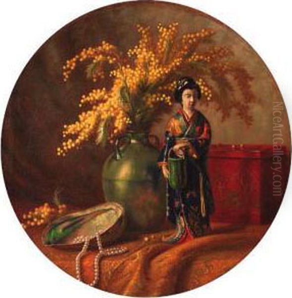 A Still Life With Pearl Necklace And Japanese Figure Oil Painting by Edward Van Rijswijck