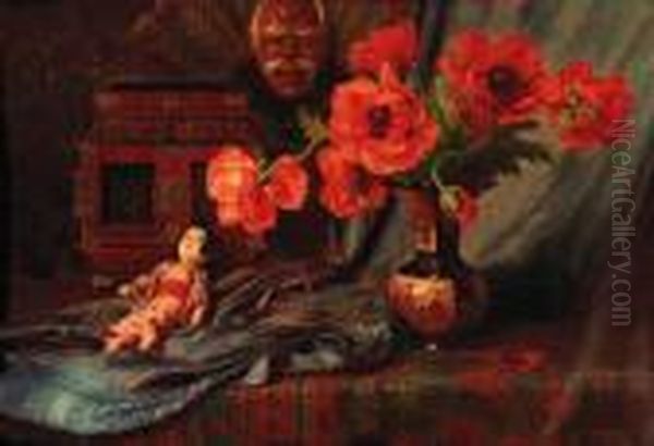 Still Life With Poppies In A Vase And A Japanese Doll Oil Painting by Edward Van Rijswijck