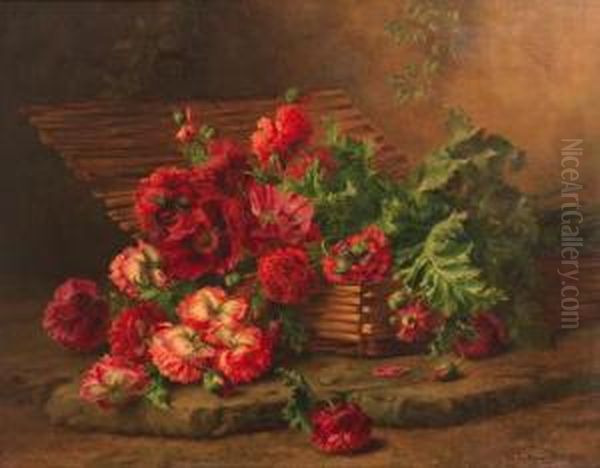 Still Life With Poppies And Peonies In A Wicker Basket Oil Painting by Edward Van Rijswijck